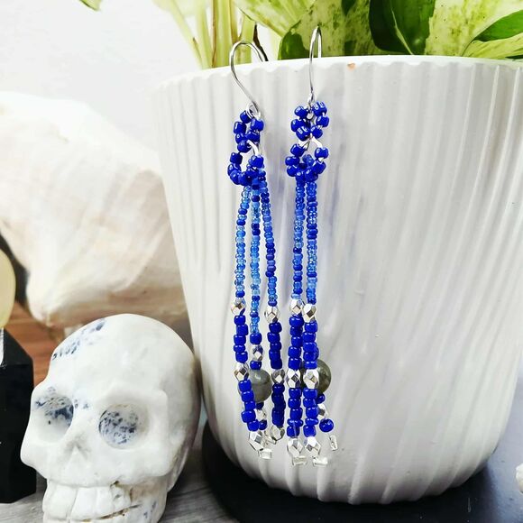 Boho Labradorite Beaded Fringe Tassel Dangle Earrings, Handmade Artisan 4" - Picture 5 of 6